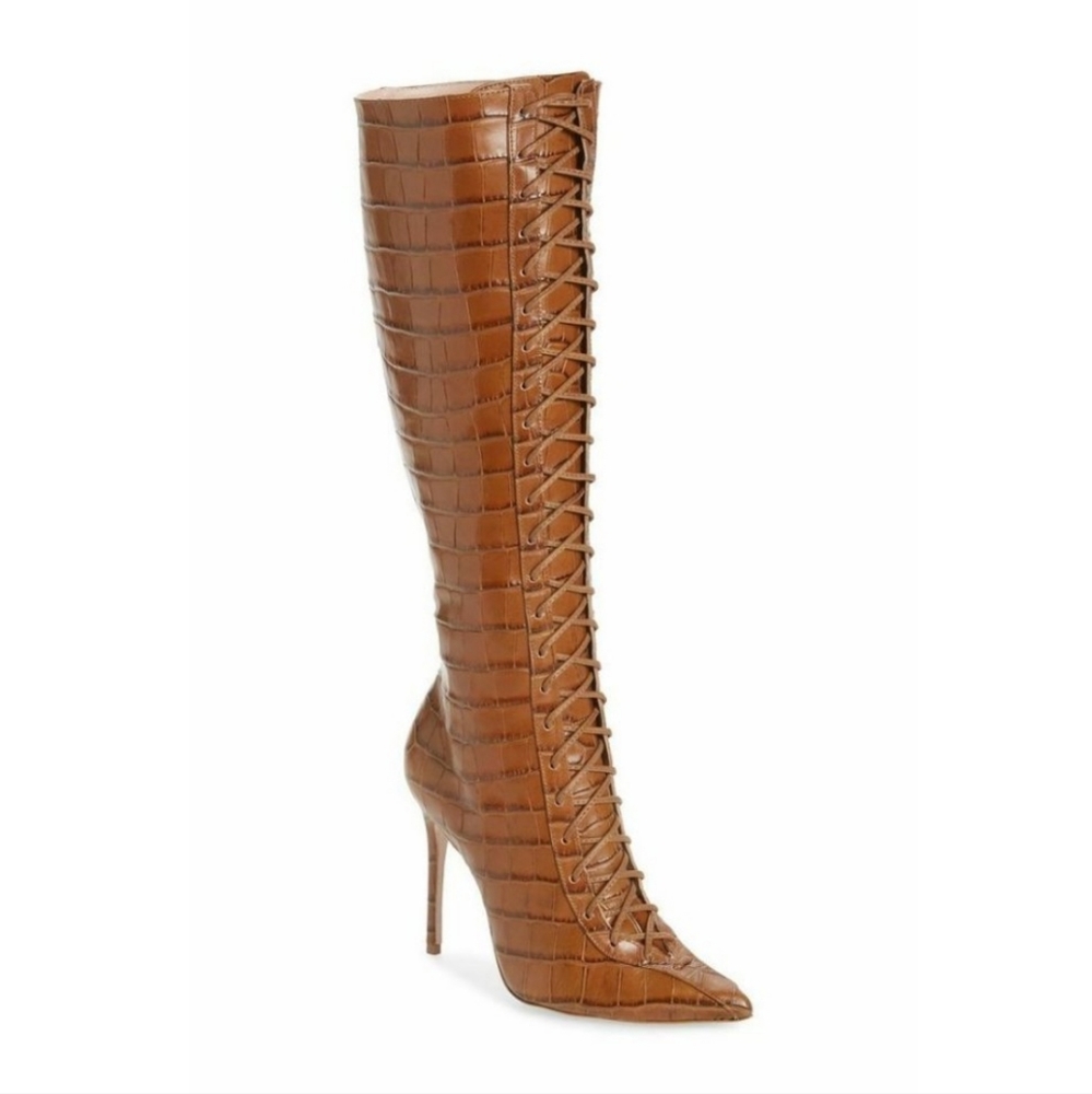 NWT Schutz Meredith Croc Embossed Lace Up Boots